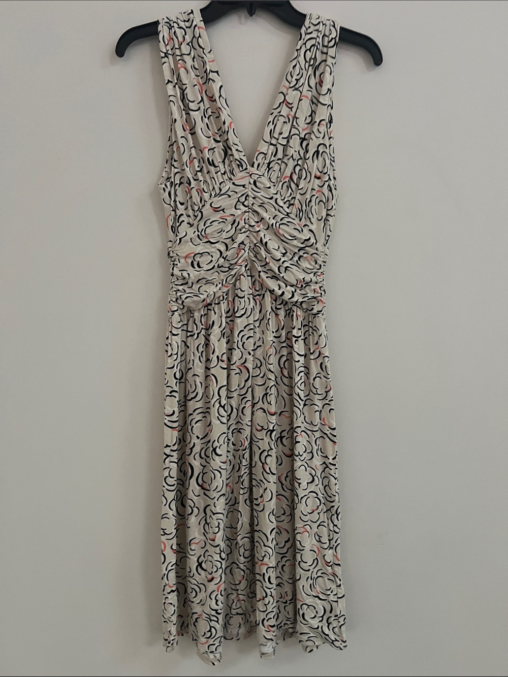 Deletta Cream Midi Dress with Black and Pink Floral Swirl
